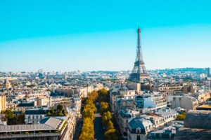 A cityscape of Paris under the sunlight and a blue sky in Fran