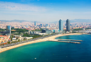 aerial view of Barcelona from Mediterranean. Barceloneta beach and Port Olimpic